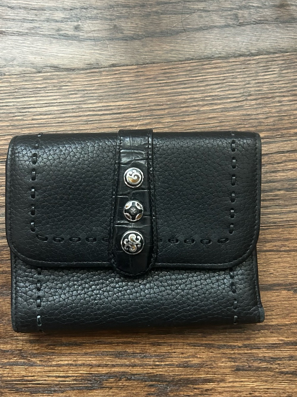 Brighton Black Soft Leather Trifold Wallet Silver Scroll Medallions
